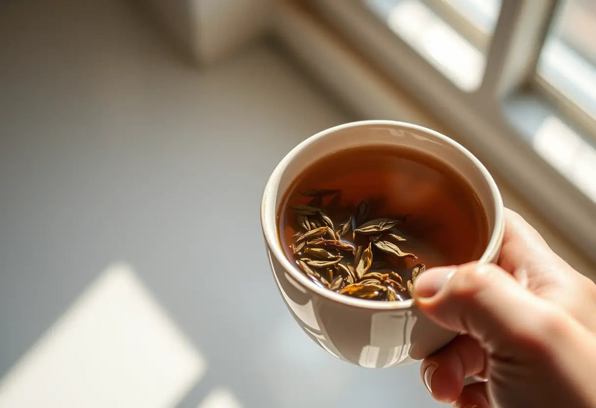 Une main tenant une tasse de thé aux herbes, lumière naturelle