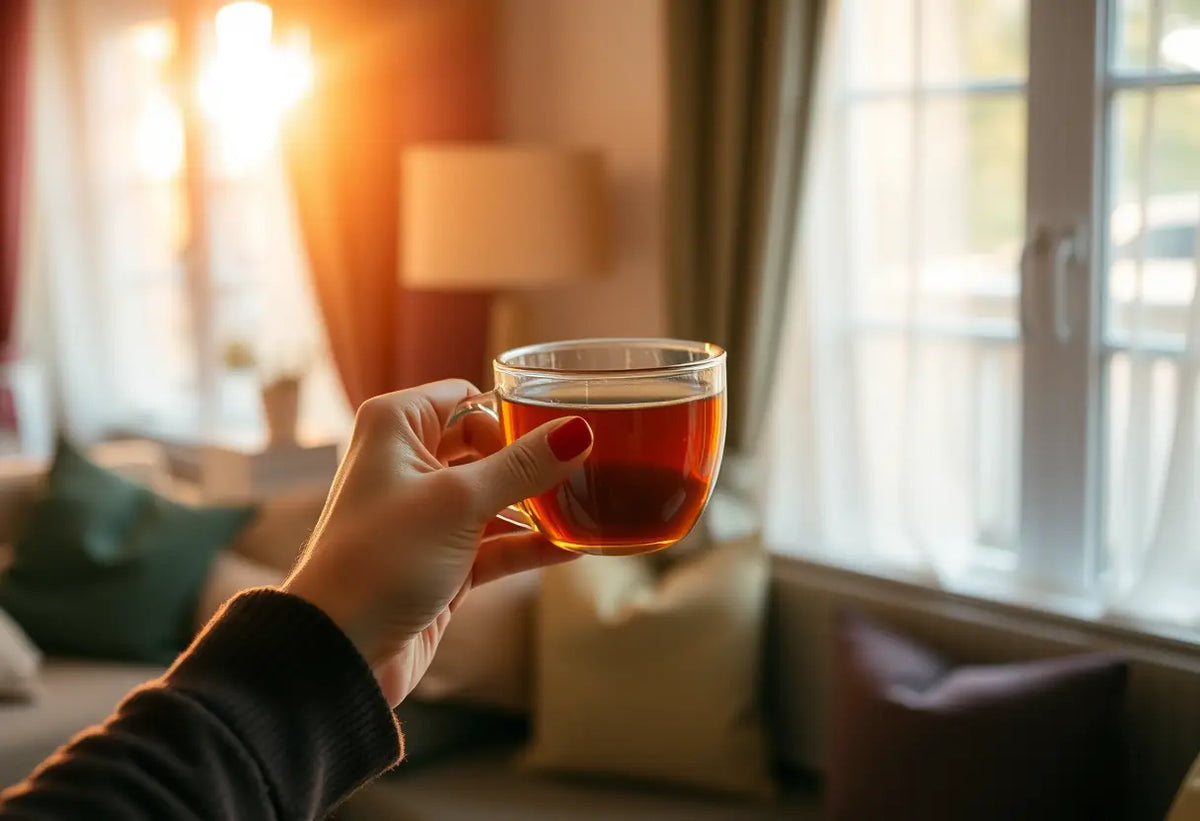 Une main féminine tient une tasse de thé herboristerie dans un salon accueillant, lumière naturelle