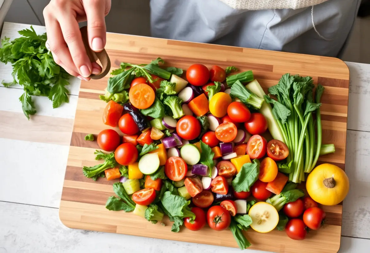 Une main féminine tient une cuillère à bois au-dessus d'une planche à découper avec des légumes colorés