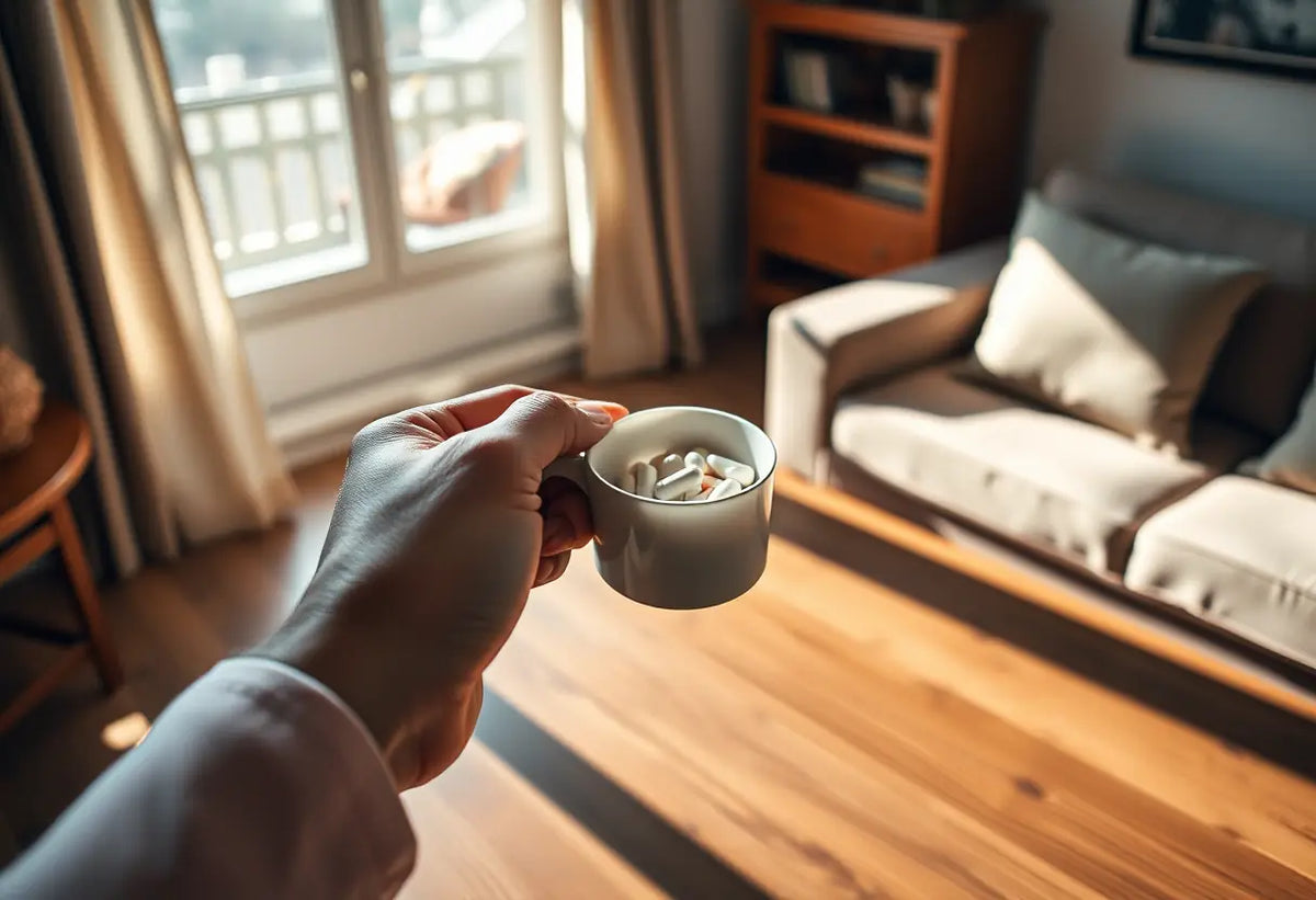 Une main tenant un verre rempli de comprimés dans une pièce accueillante