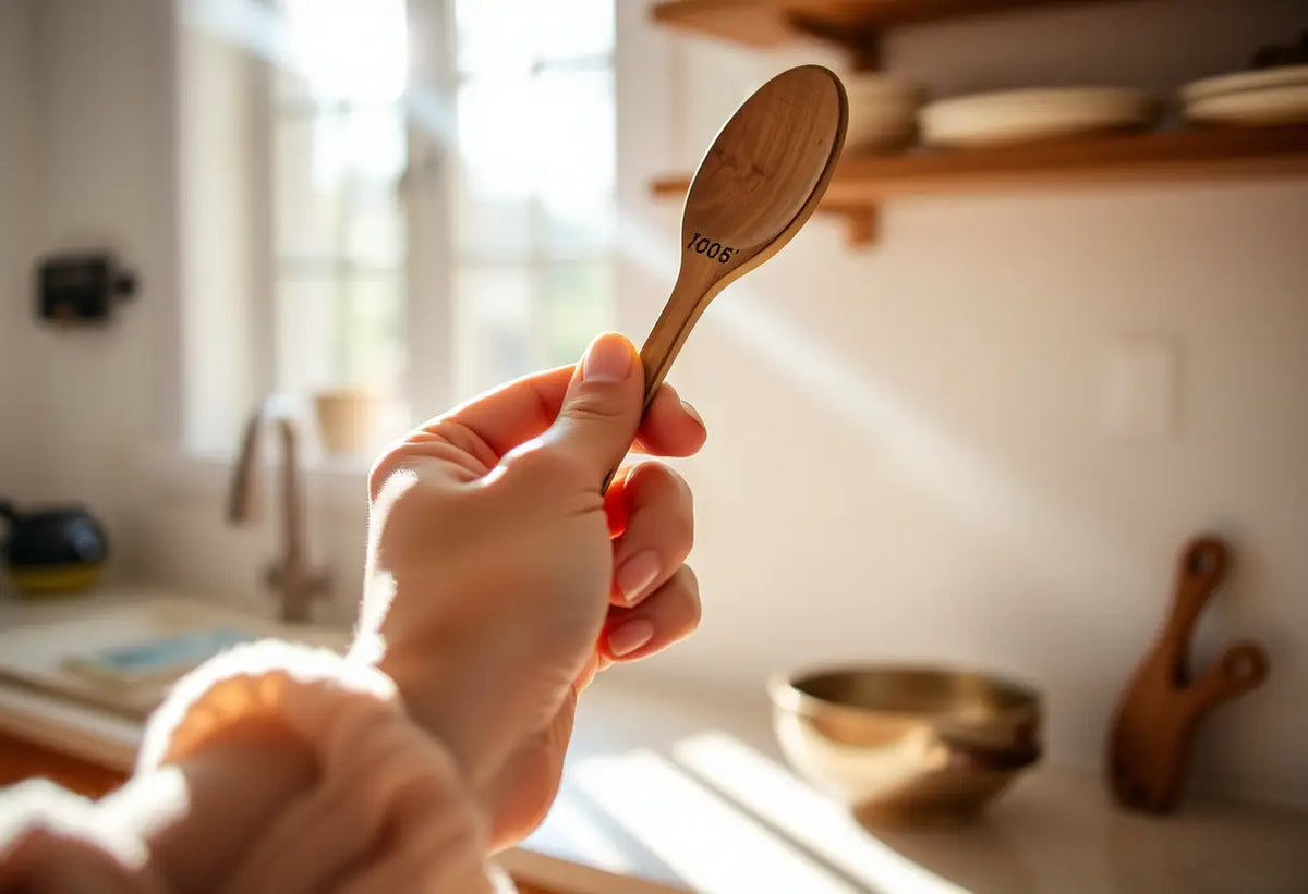 Poignet féminin tenant cuillère en bois dans cuisine lumineuse