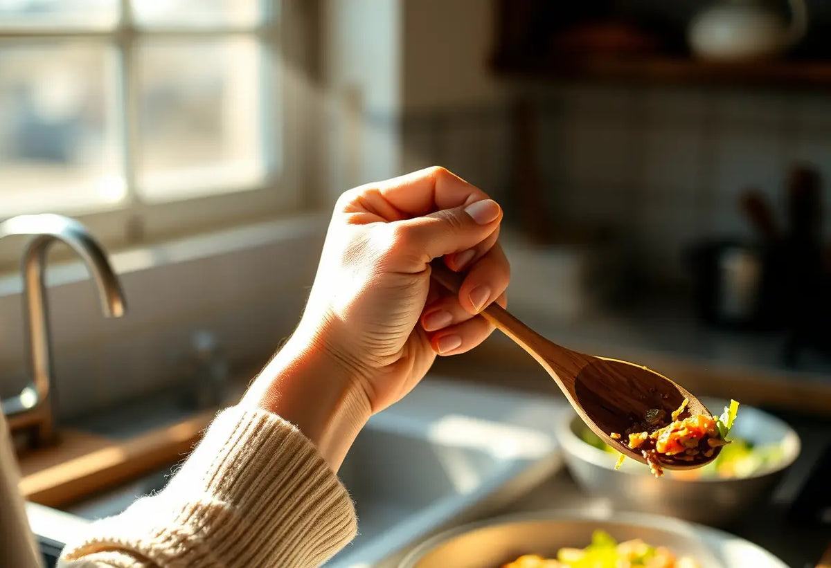 Main du femme tenant cuillère en bois en cuisine, symbolisant l'exercice de Kegel dans la vie quotidienne