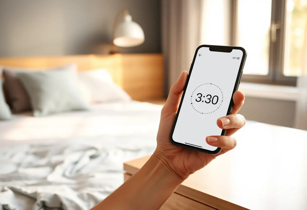 Main tenant un téléphone portable avec application minuteur, chambre à coucher