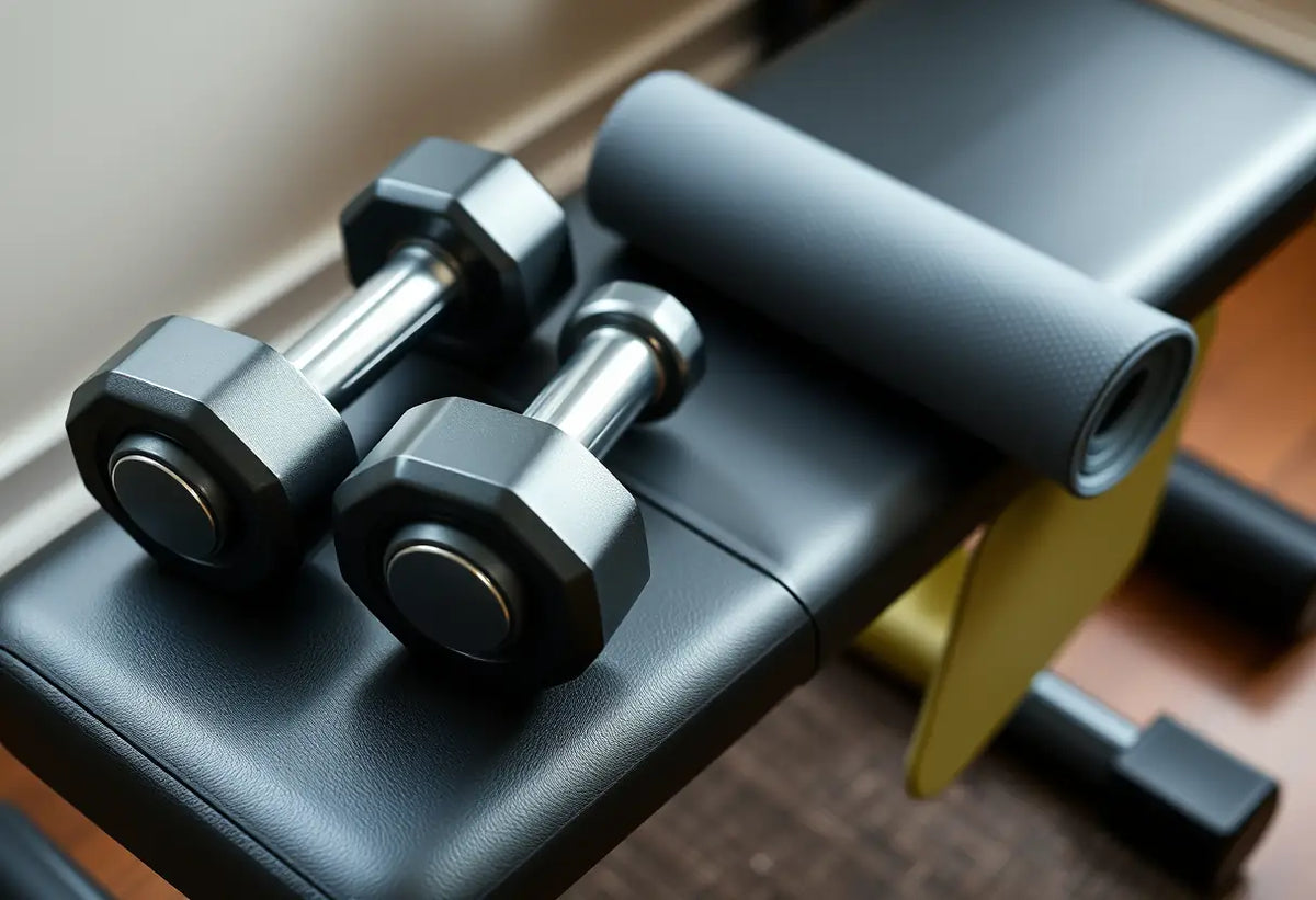 Un banc de musculation chez soi, avec haltères et tapis de yoga, représentation d'une routine complète pour la santé.