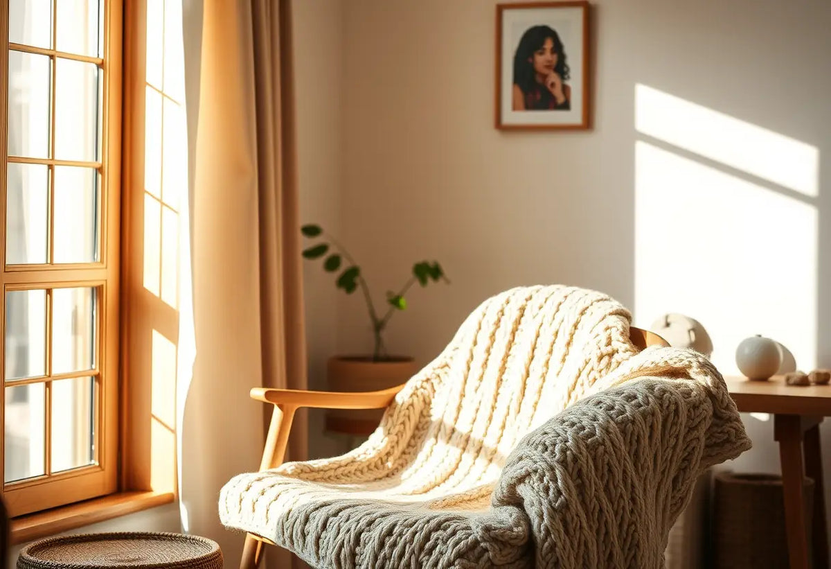 Une chaise en bois recouverte d'une couverture tricotée dans un salon accueillant, éclairé par la lumière du soir.