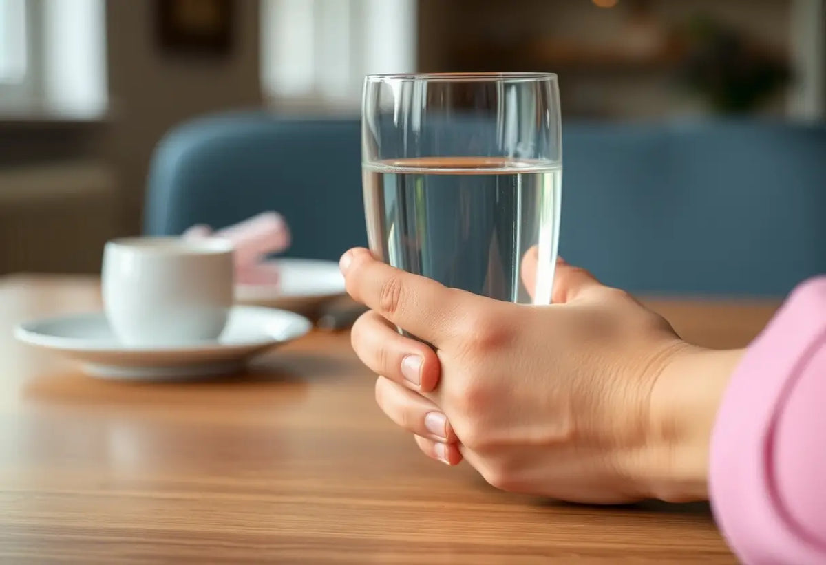 Une main tenant un verre d'eau sur une table, représentant l'équilibre obtenu grâce aux exercices du plancher pelvien.