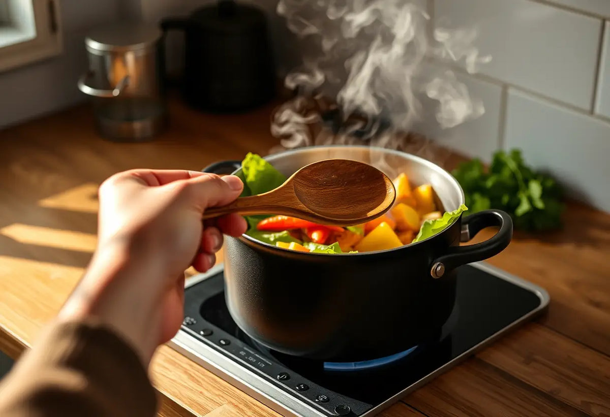 Main dans une cuillère en bois au-dessus d'une casserole de légumes, relate l'article sur le massage prostatique