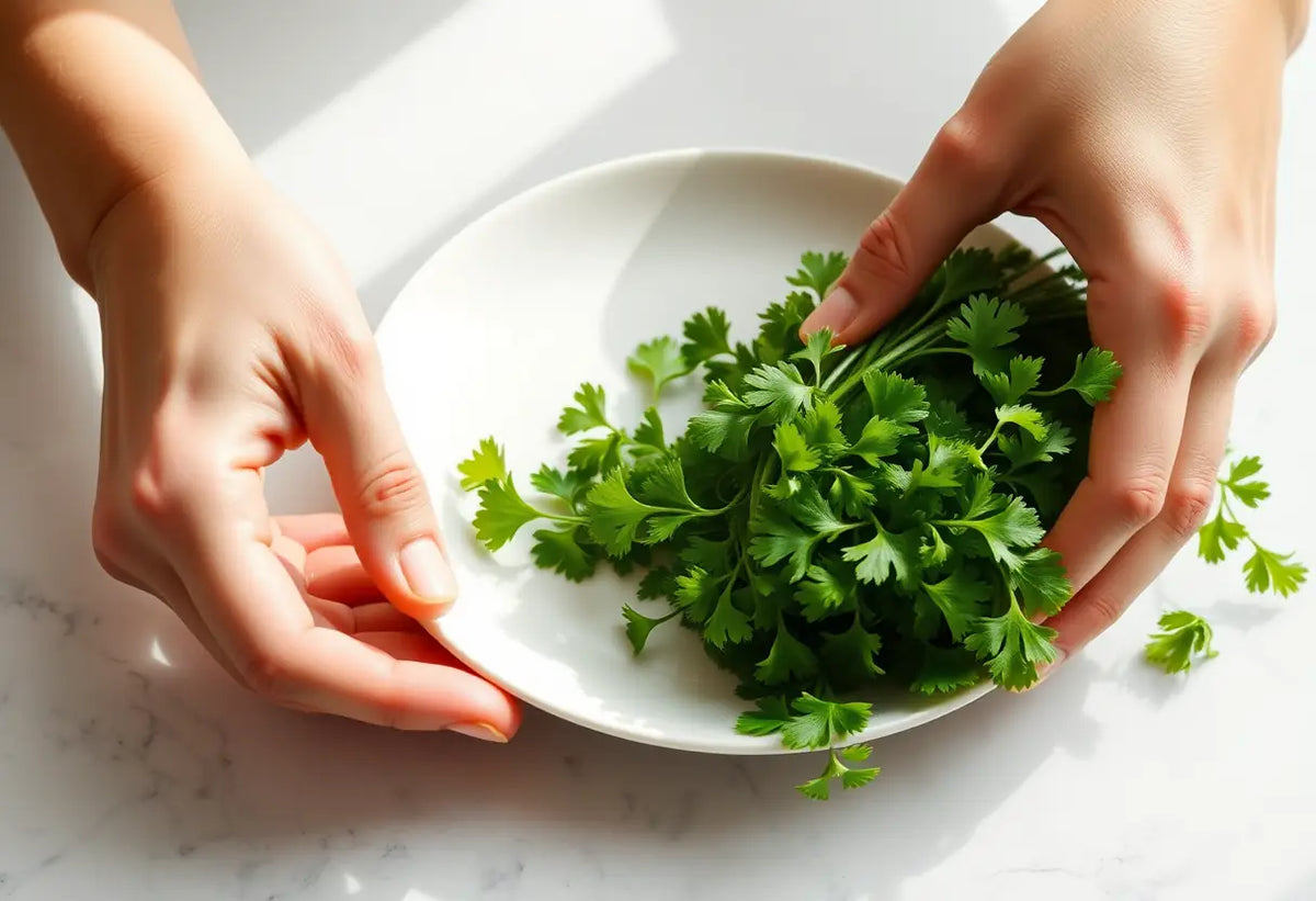Des mains disposent du persil frais sur une assiette blanche, illustrant l'importance de l'alimentation pour la fertilité.