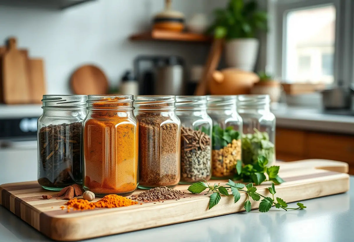 Jars remplis d'épices et d'herbes bénéfiques disposées sur un plan de travail en bois, éclairées par la lumière naturelle, illustrant les bienfaits des herbes pour la fertilité.