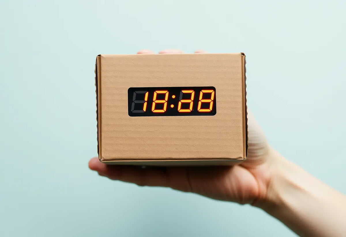 Une main tenant une boîte cartonnée avec un minuteur numérique