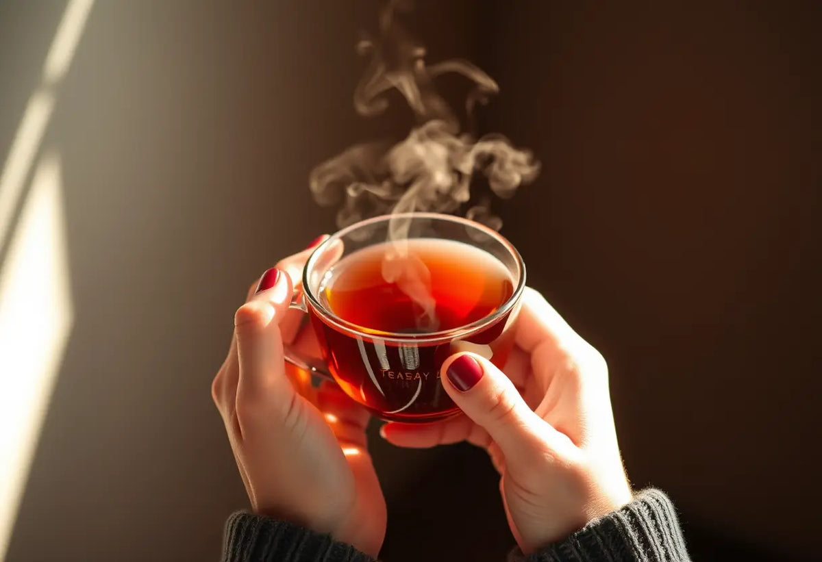Mains tenant une tasse de thé dans une pièce chaude et accueillante