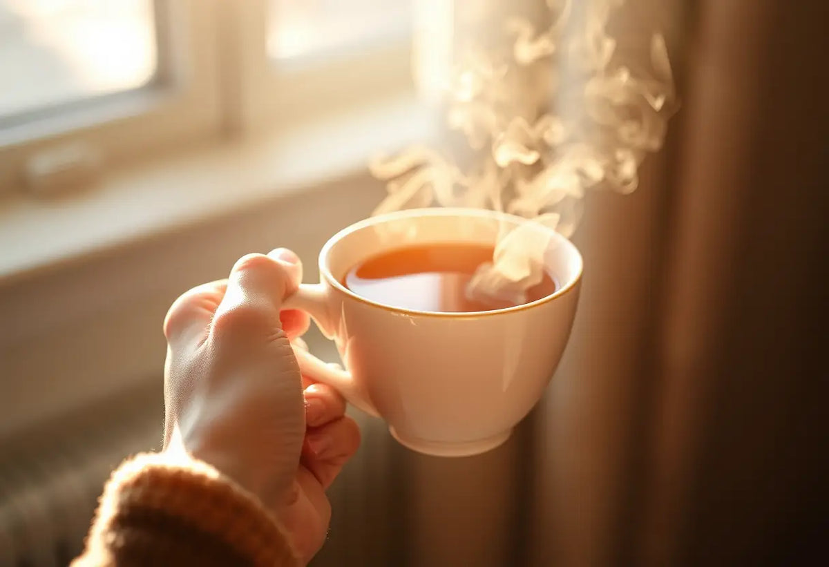 Une main tenant une tasse de thé chaud, créant une atmosphère chaleureuse et apaisante