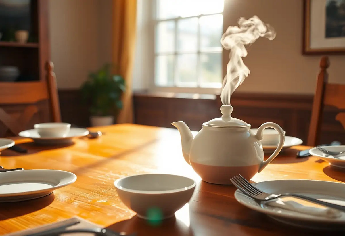 Théière en céramique sur une table de cuisine