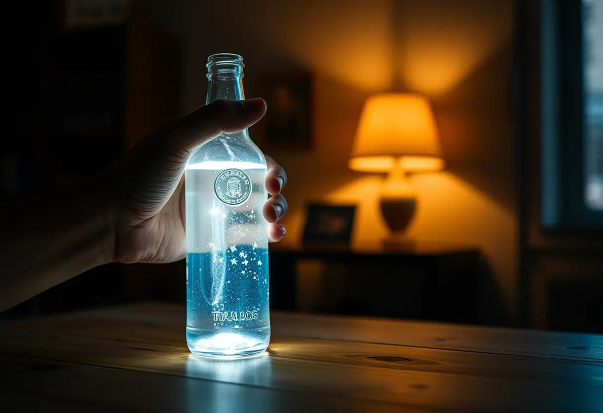 Une main tenant une bouteille translucide contenant un liquide luminescent