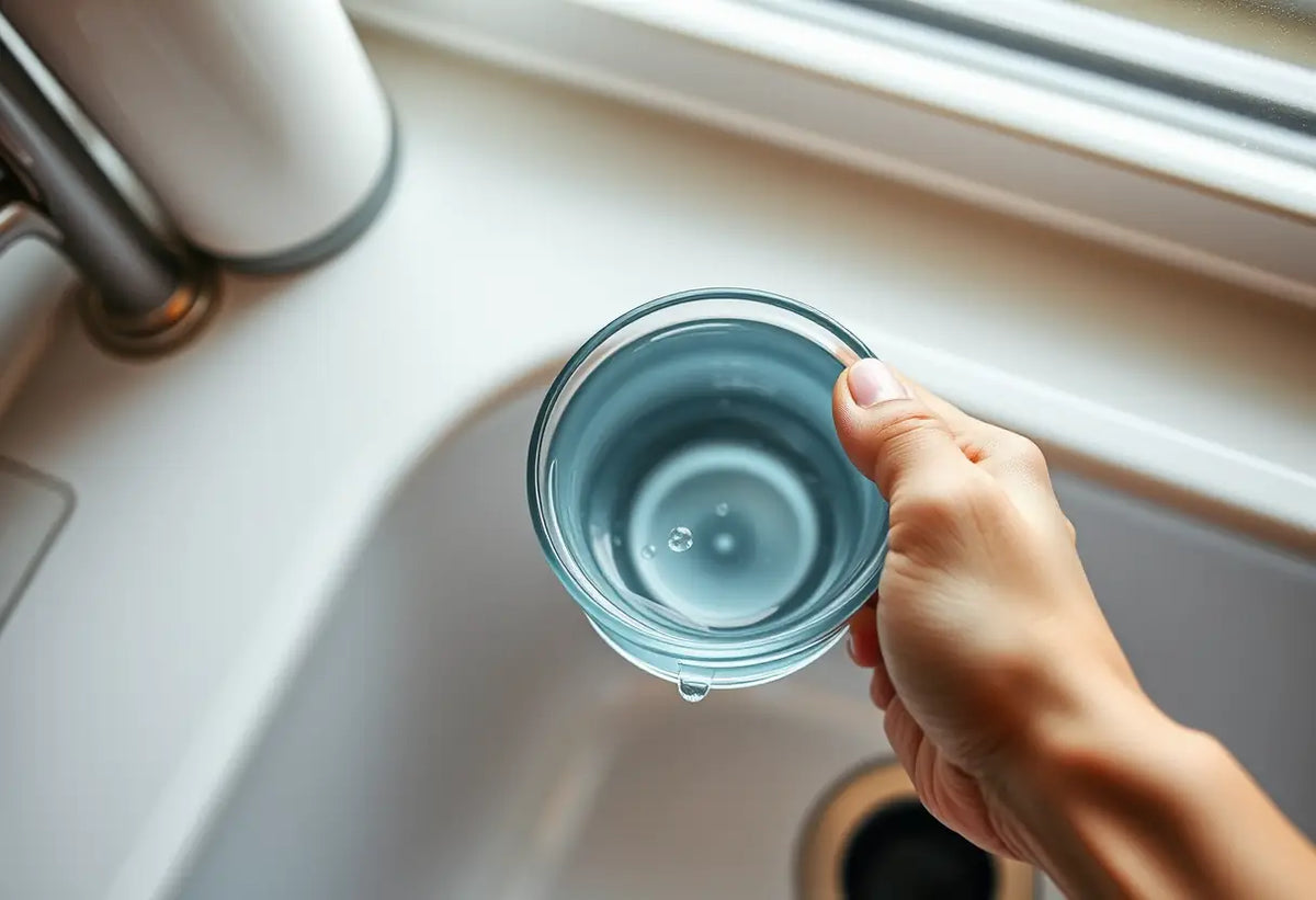 Main dans un lavabo avec une tasse d'eau