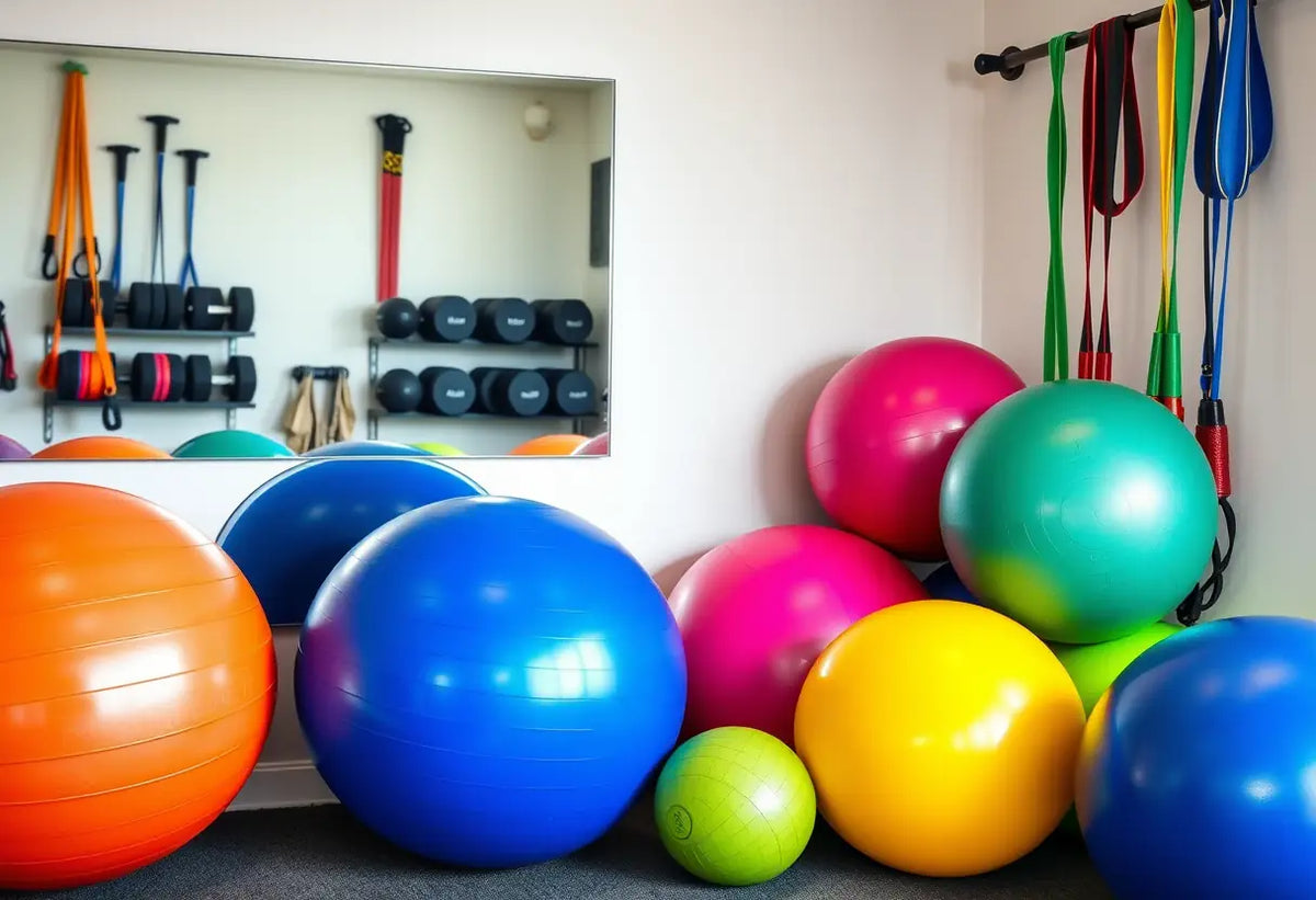 Des balles de fitness colorées rangées dans un espace sportif à la maison