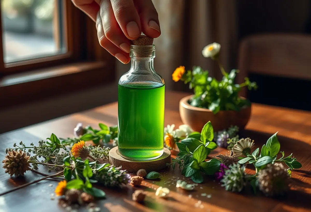 Une main tenant une petite bouteille en verre contenant un liquide vert entourée d’herbes et de fleurs
