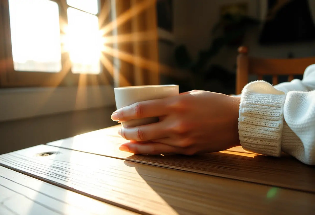 Une main tenant une tasse de thé, lumière naturelle