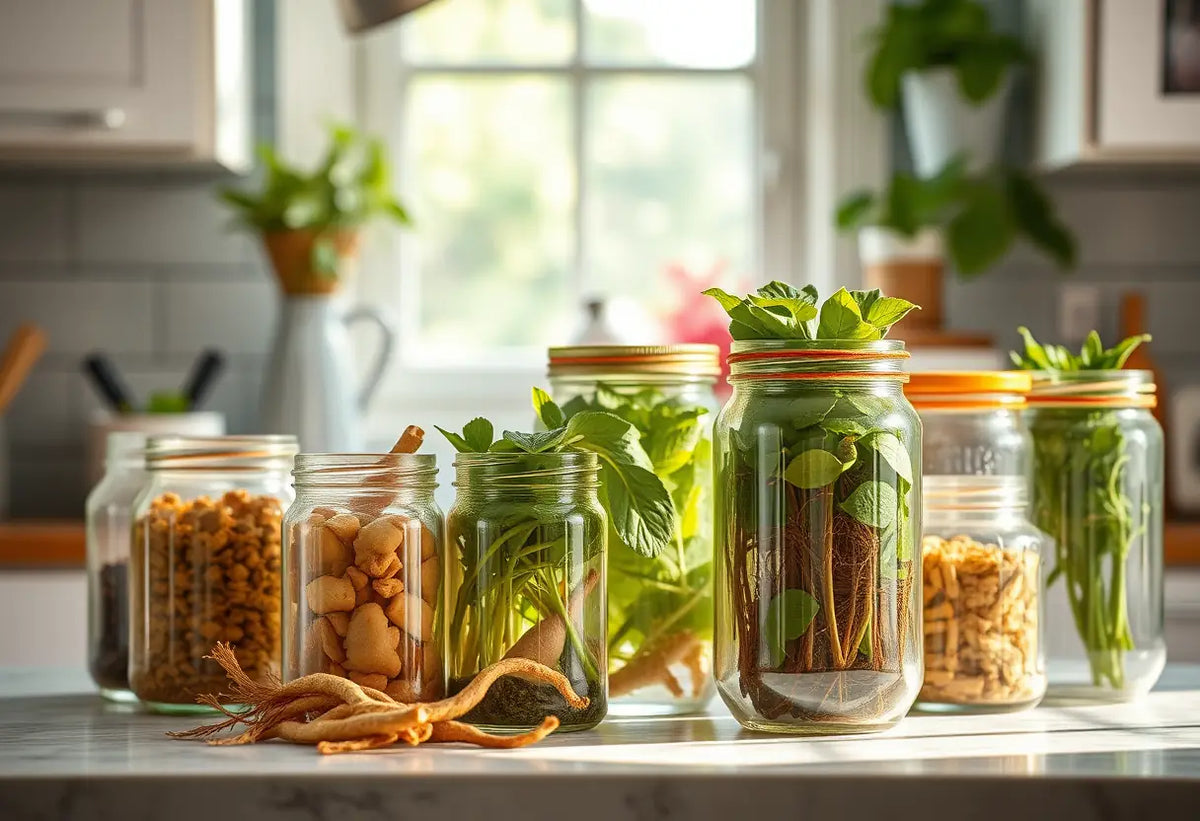 Étagère avec des bocaux contenant diverses herbes, dont des feuilles de ginseng