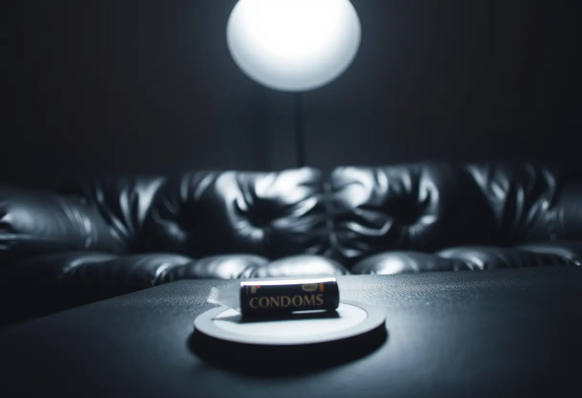 Canapé en cuir noir dans une pièce sombre avec des préservatifs sur une soucoupe