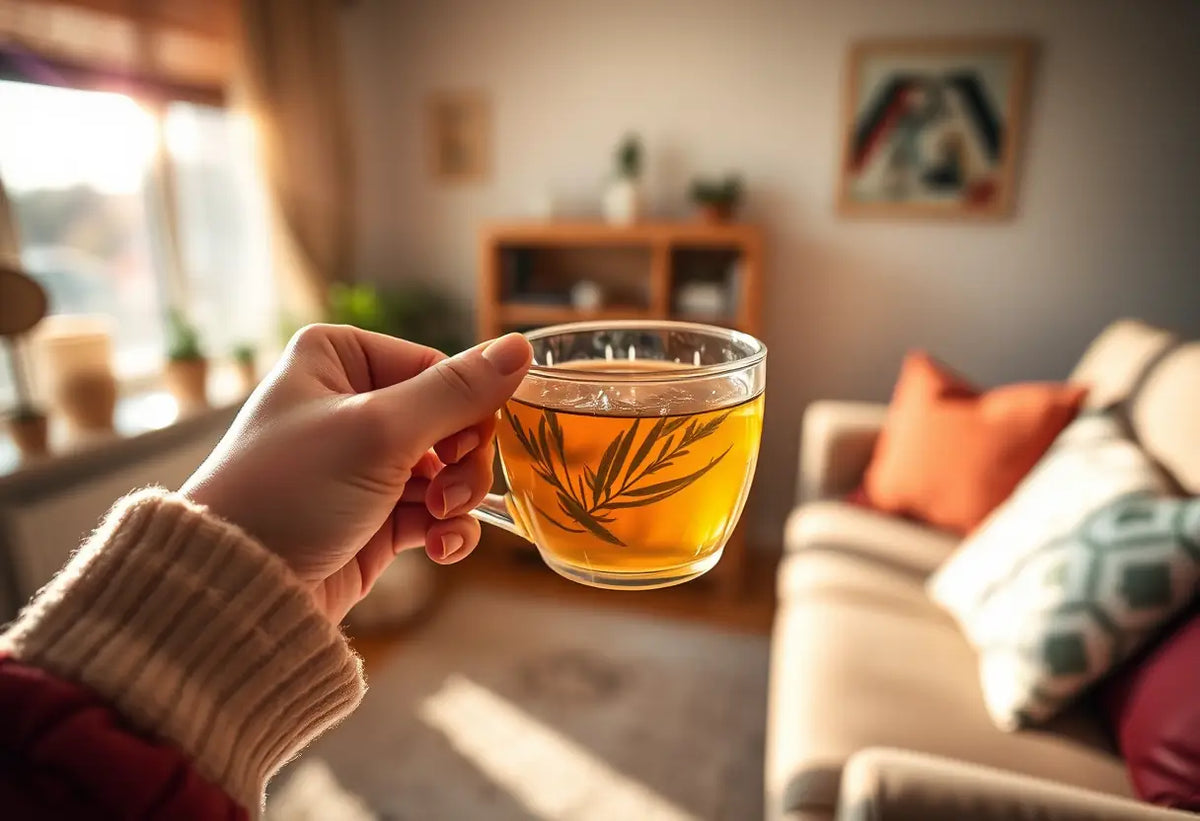Une main tenant une tasse de thé herbagé dans un salon accueillant, sujet abordé : les œstrogènes élevés pendant la ménopause