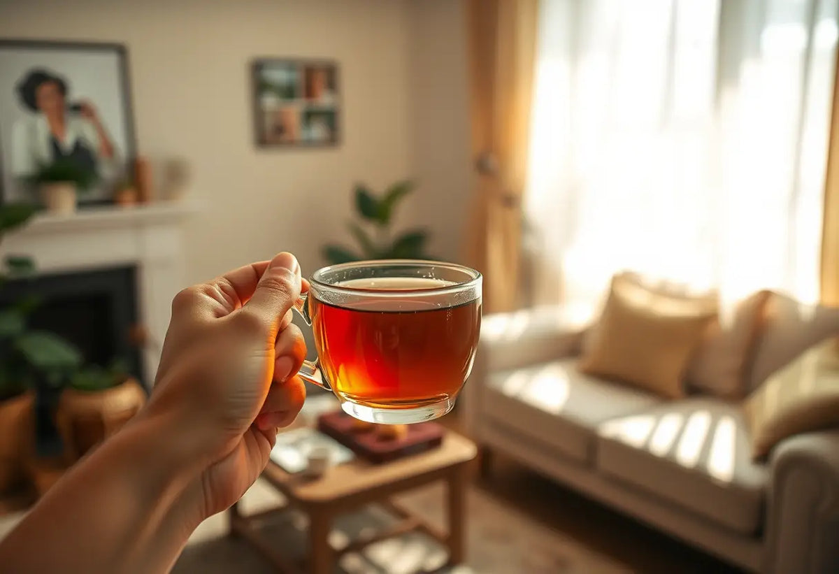 Une main tenant une tasse de thé herbagère dans un salon accueillant, éclairé par la lumière douce qui entre à travers des rideaux translucides