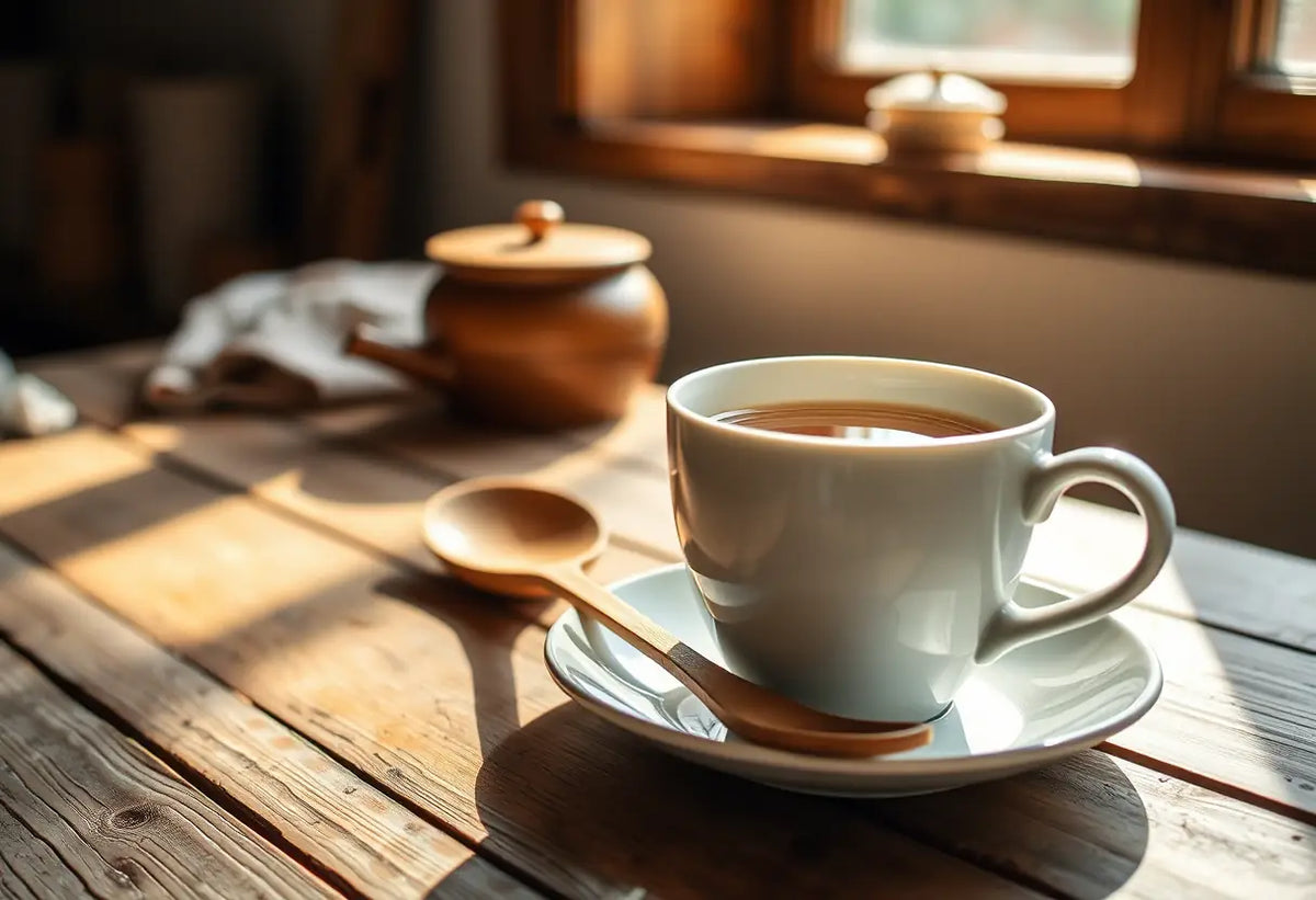 Un fouet en bois et une tasse de thé de camomille sur une table de cuisine, rappelant le bien-être et la détente
