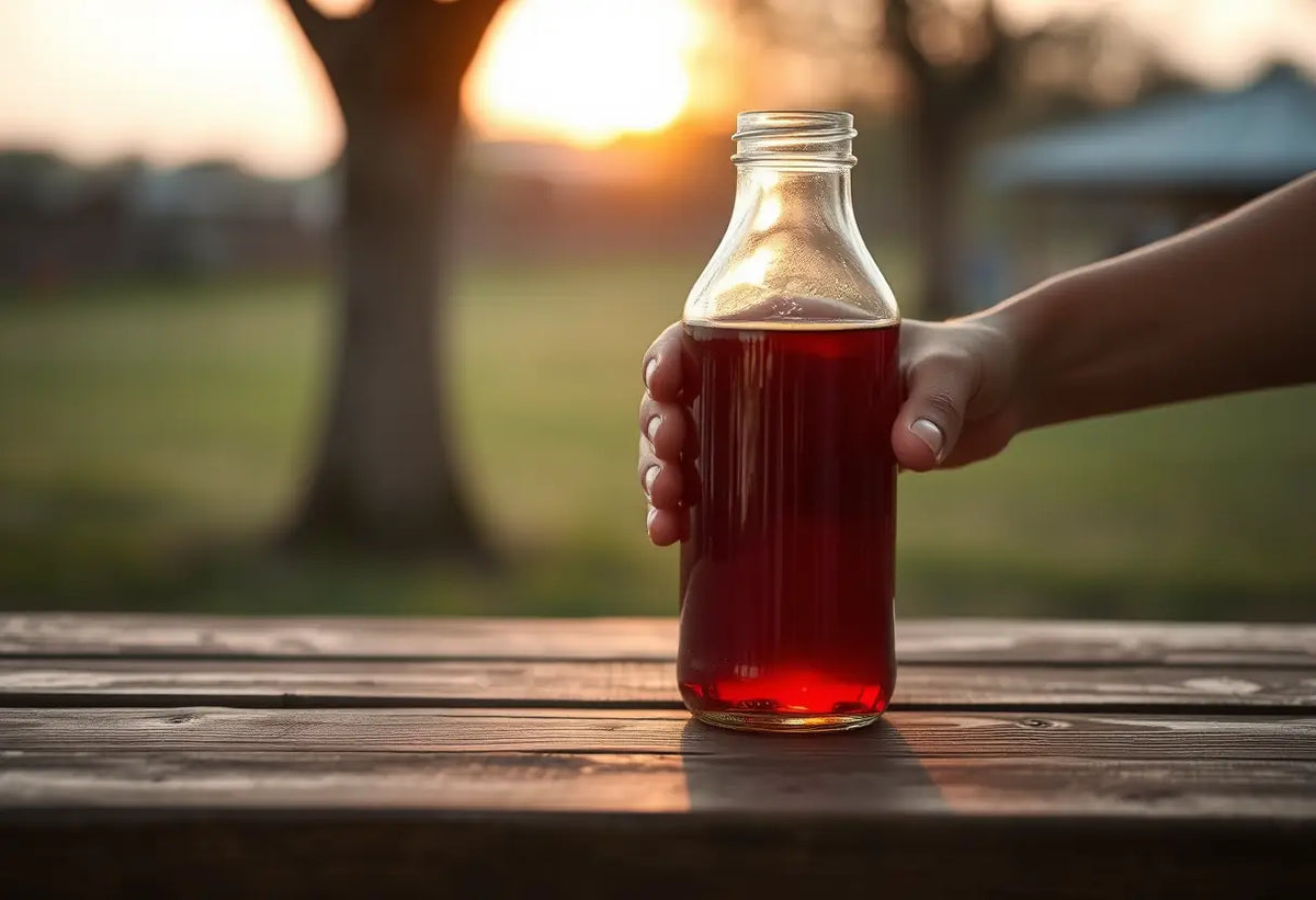 Une main tenant une bouteille remplie de liquide rouge sur une table de jardin au coucher du soleil