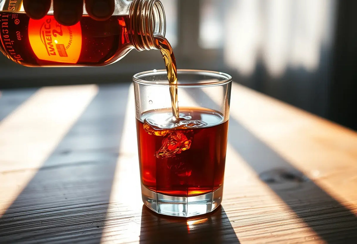 Une main verse un liquide ambré dans un verre clair sur une table en bois, sujet de l'article sur l'alcool et l'érection