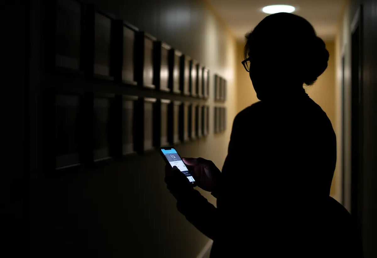 Une silhouette d'une personne utilisant un smartphone pour entrer des données dans l'application Natural Cycles, dans un couloir sombre.