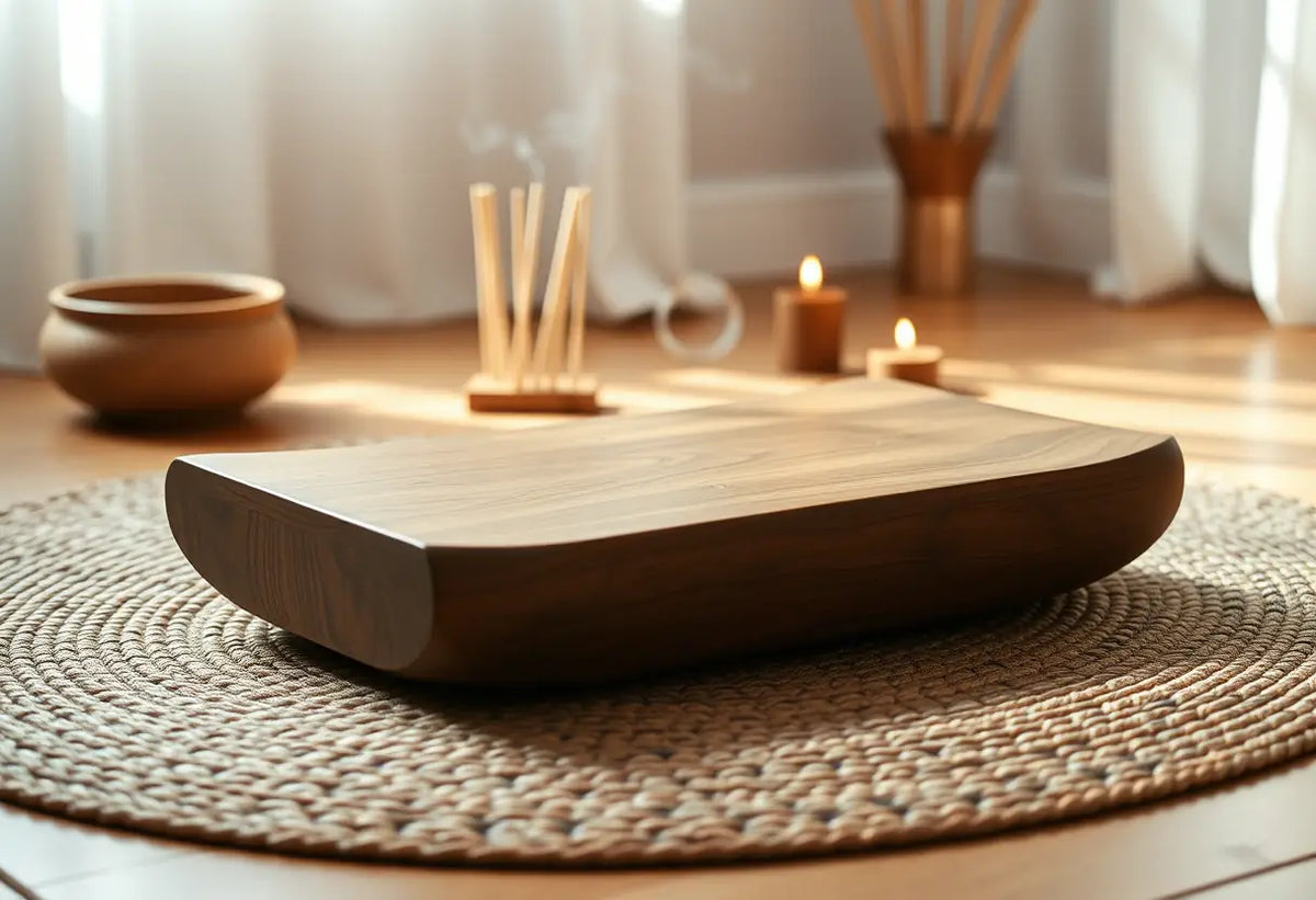 Un coussin de méditation en bois sur un tapis tressé, avec des bâtons d'encens brûlants, pour l'article sur la Kundalini