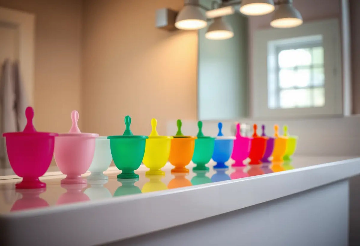 Row of menstrual cups on a bathroom counter, representing different health choices