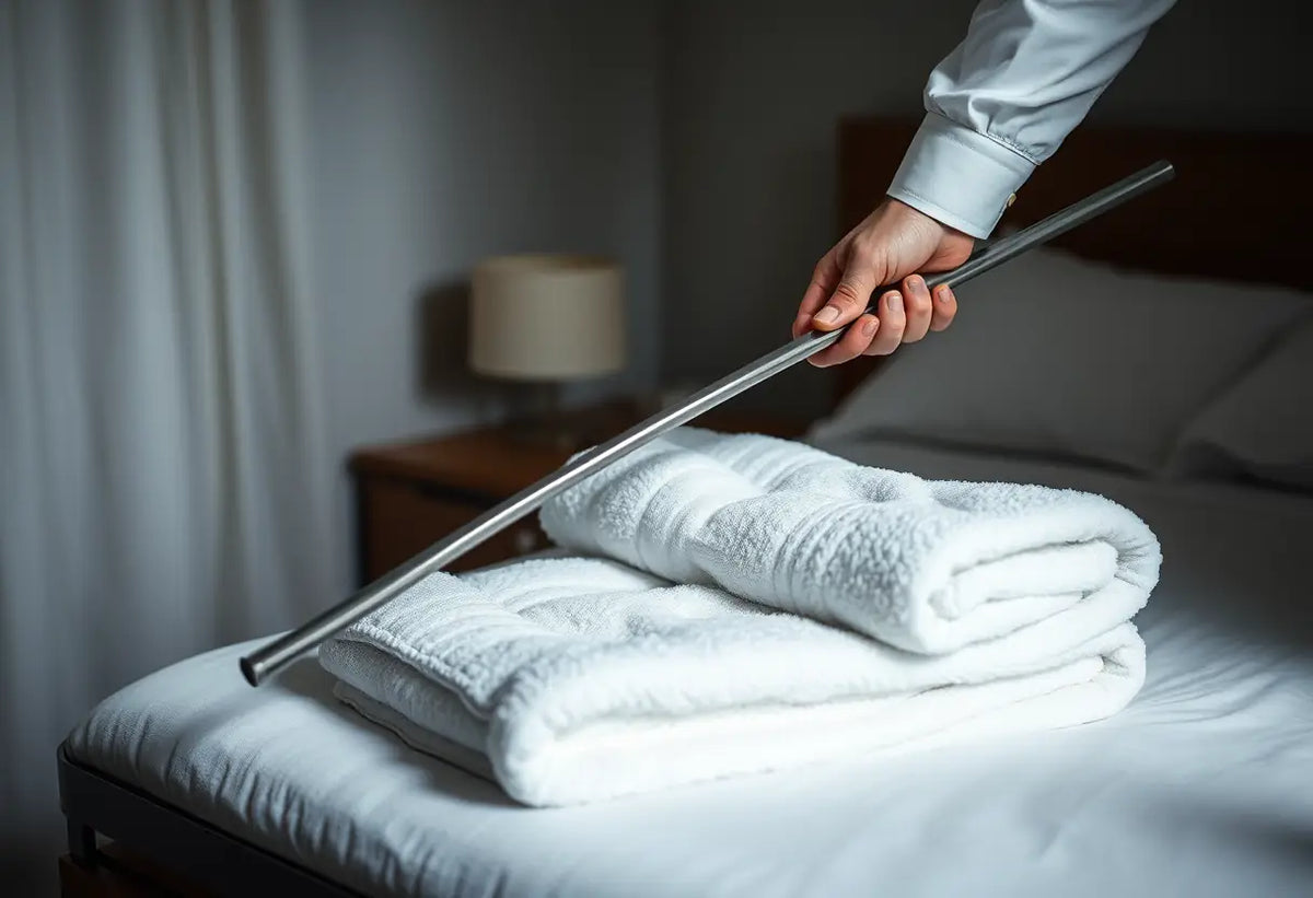 Main de l'homme tenant une tige en acier inoxydable sur une table de nuit