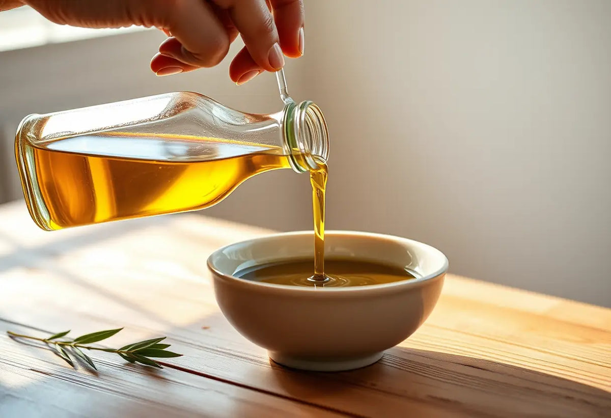 Une main verse de l'huile d'olive dans un bol, illustrant l'article sur l'huile de massage