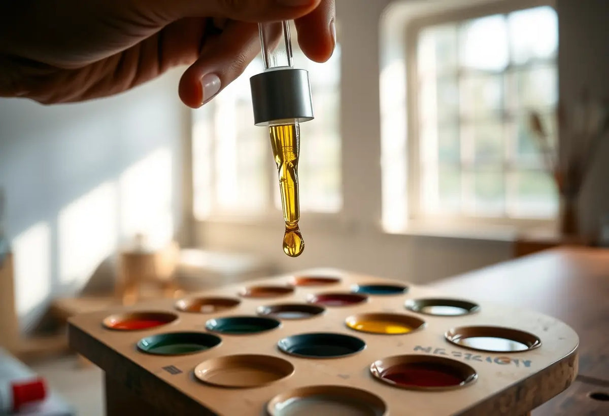 Une main tient une pipette remplie d'huile jaune doré au-dessus d'une palette en bois avec des huiles de différentes couleurs
