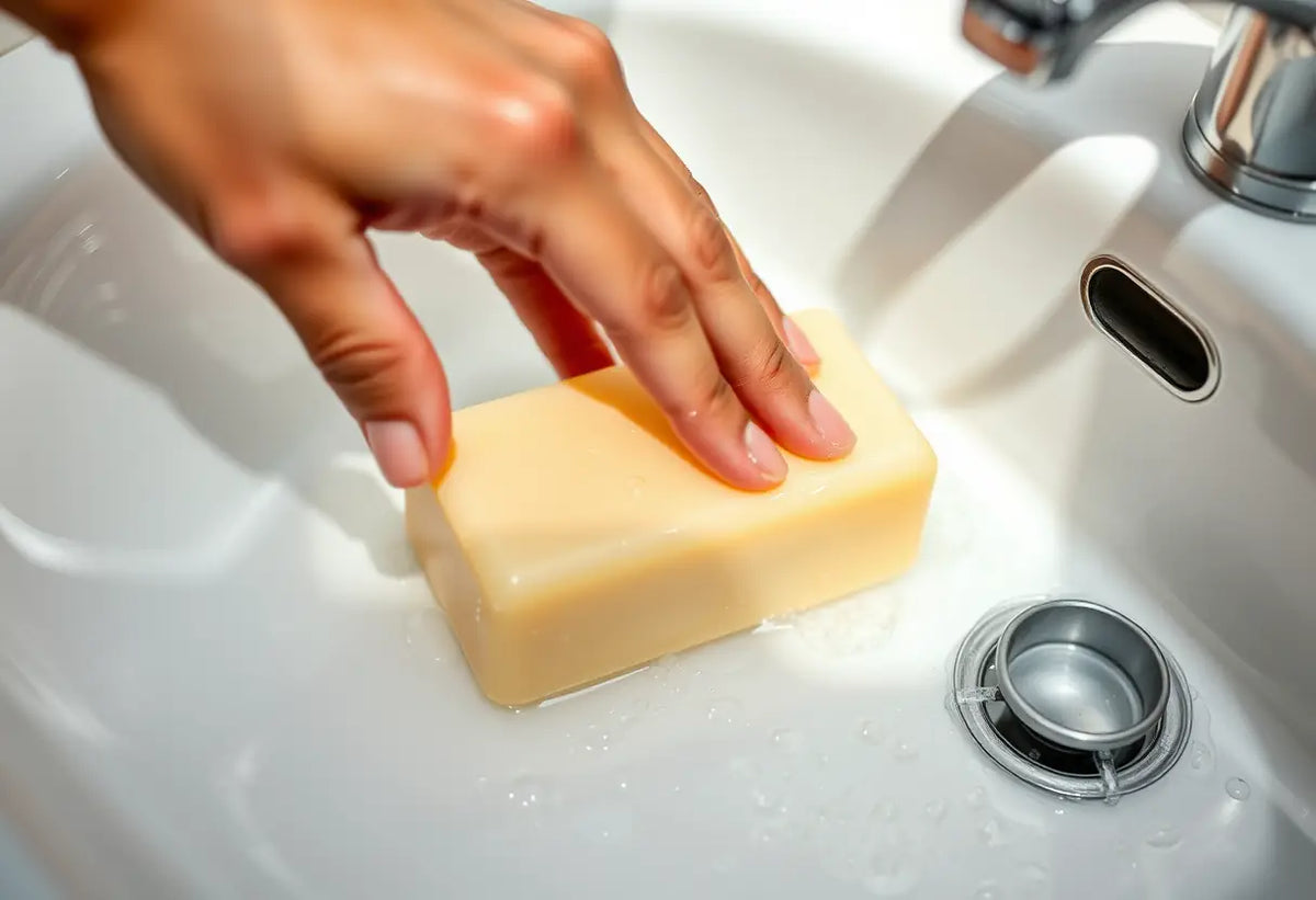Une main qui frotte un savon sur un lavabo, gouttes d'eau scintillantes