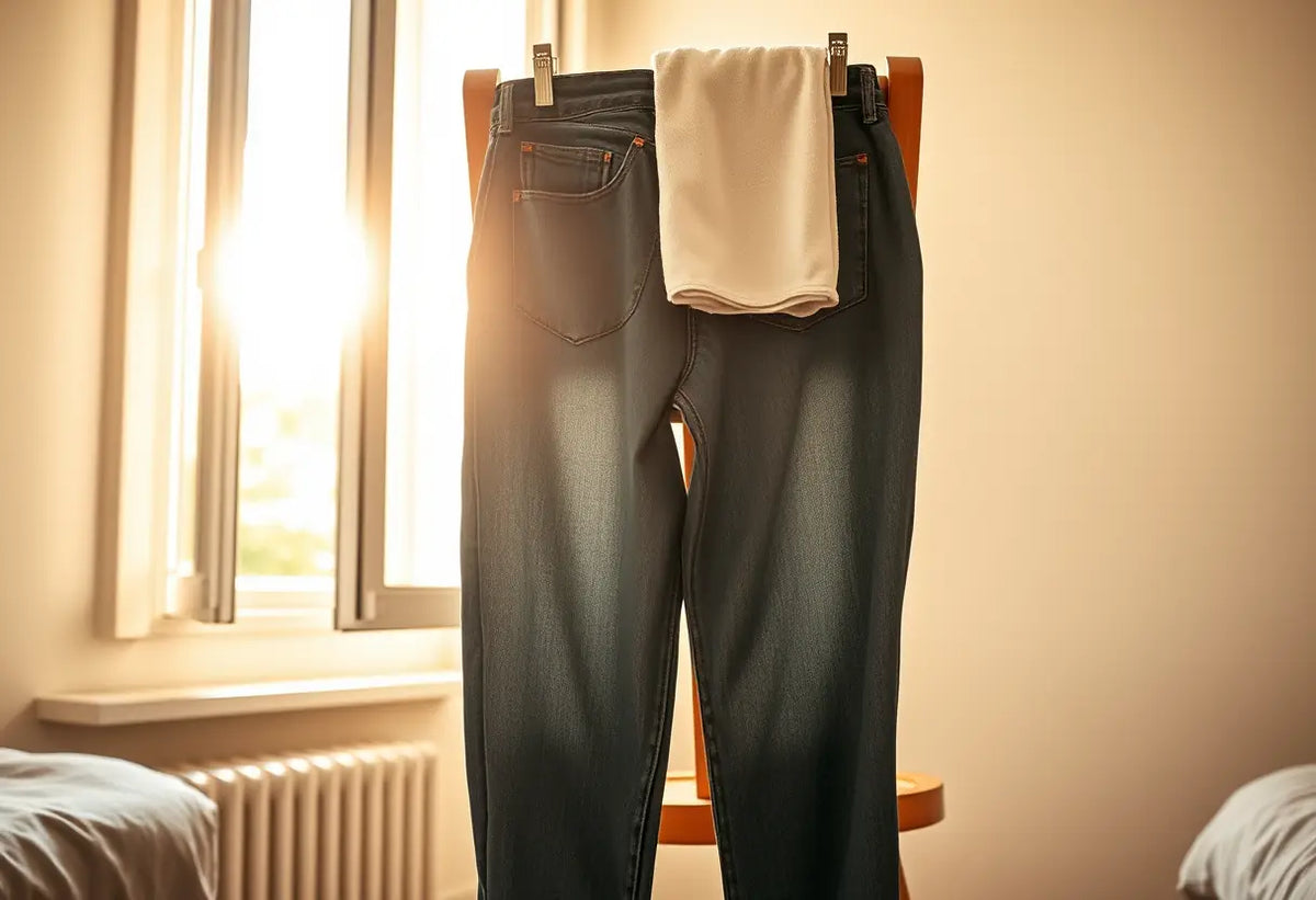 Un pantalon déposé sur une chaise dans une chambre, lumière naturelle