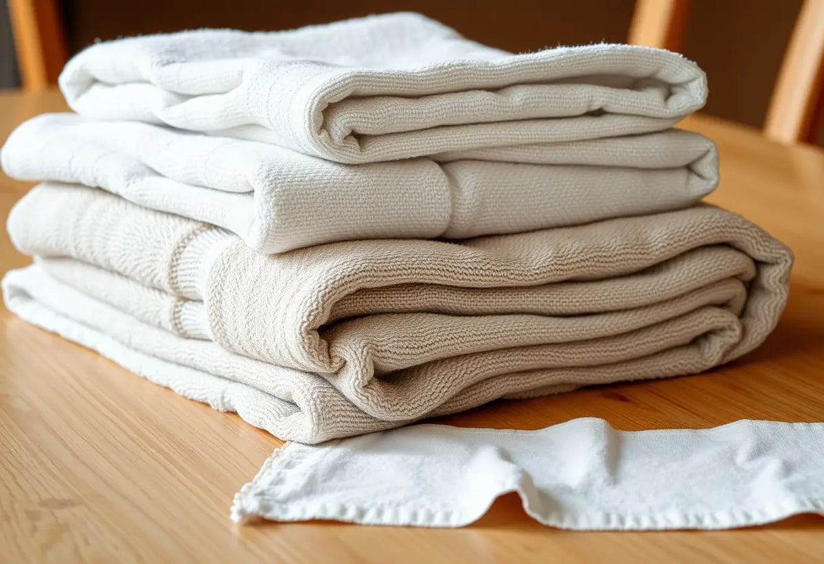 Un tas de serviettes propres pliées et alignées sur une table de salle à manger en bois