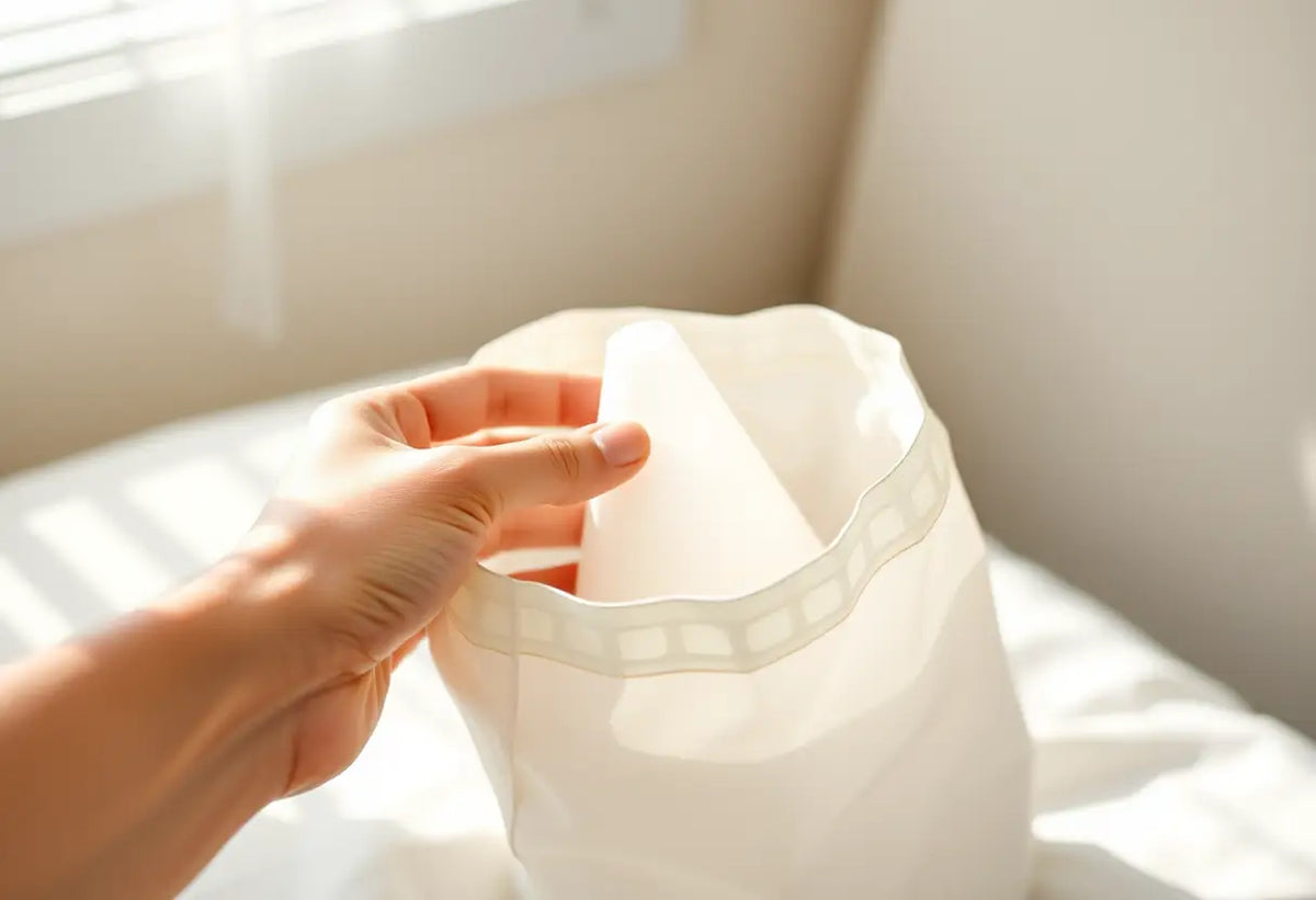 Une main tenant un cône en silicone dans un sac en coton blanc, lumière du matin douce, sujet médical
