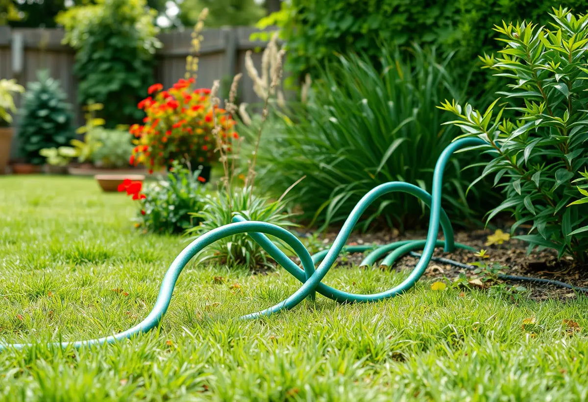 Un tuyau d'arrosage serpentant dans un jardin, symbole du flux de la vie