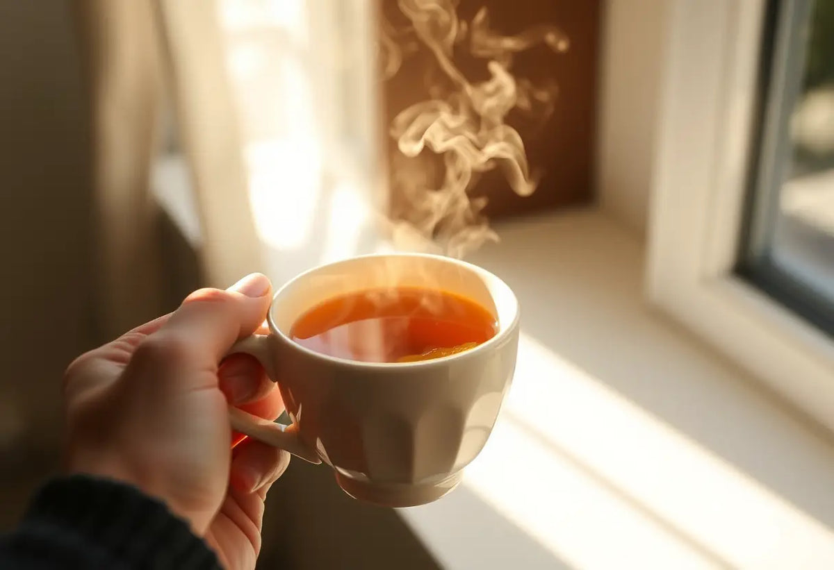 Une main tenant une tasse de thé aux herbes pour soulager l'incontinence urinaire chez l'homme