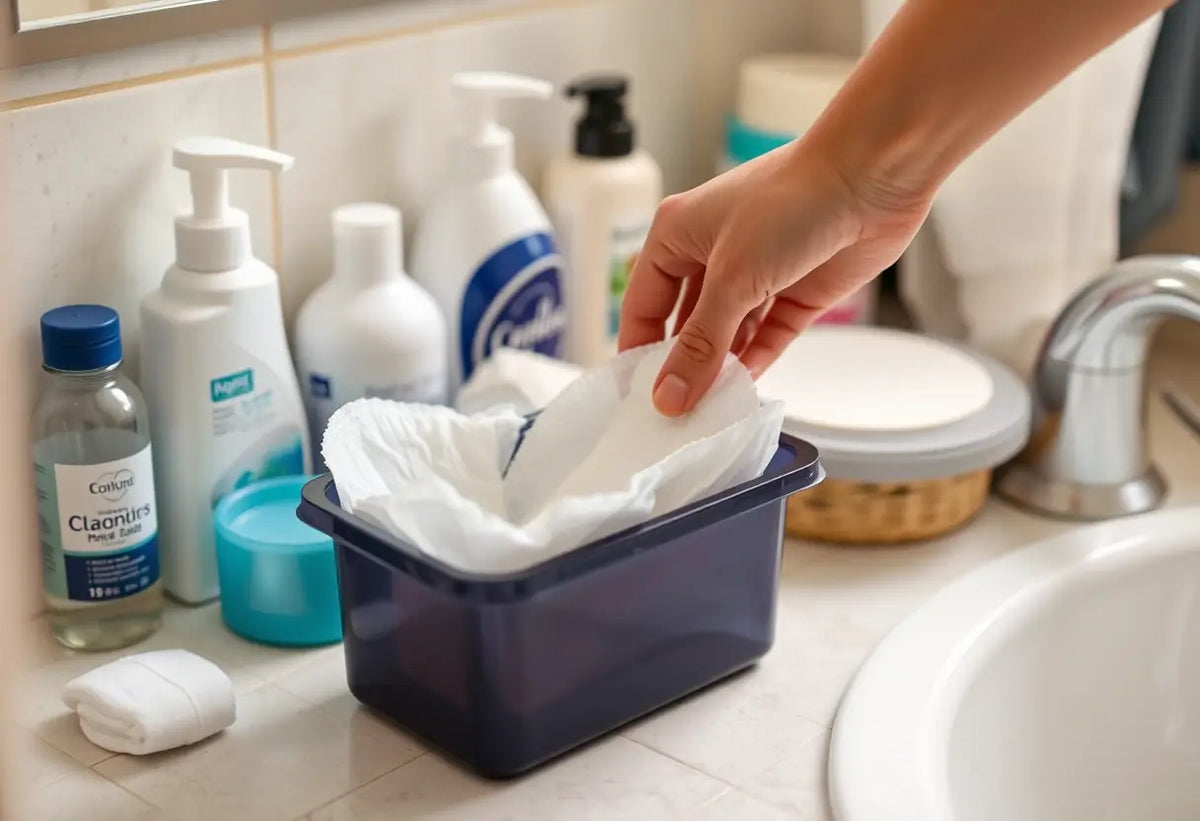 Un meuble de salle de bains avec divers produits d'hygiène et des protections