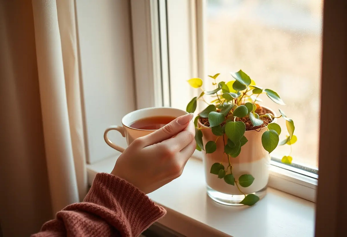 Une main tenant une tasse de thé près d’un pot de plante, la lumière du matin réchauffe la scène.