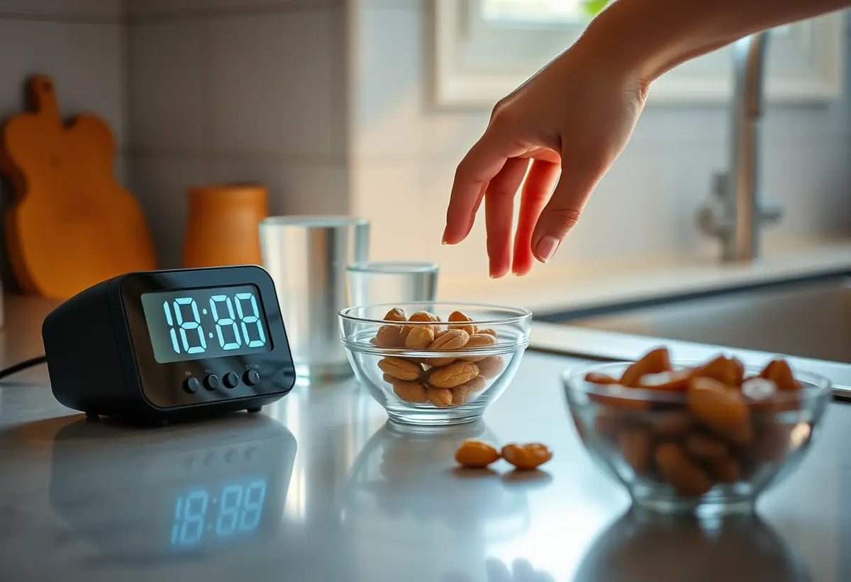 Un plan de travail de cuisine avec une horloge digitale, une carafe d'eau et un bol de fruits secs au petit matin