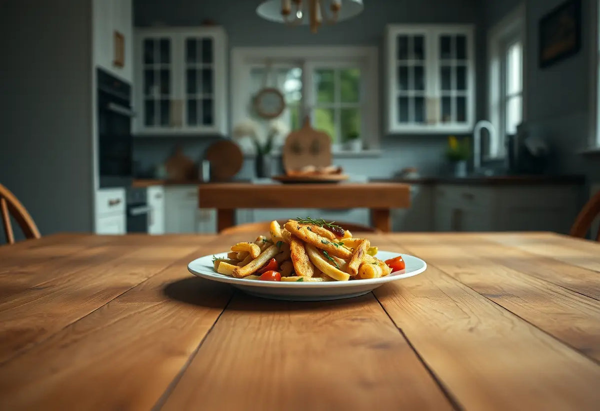Un couvert avec de la nourriture inachevée sur une table de cuisine éclairée naturellement