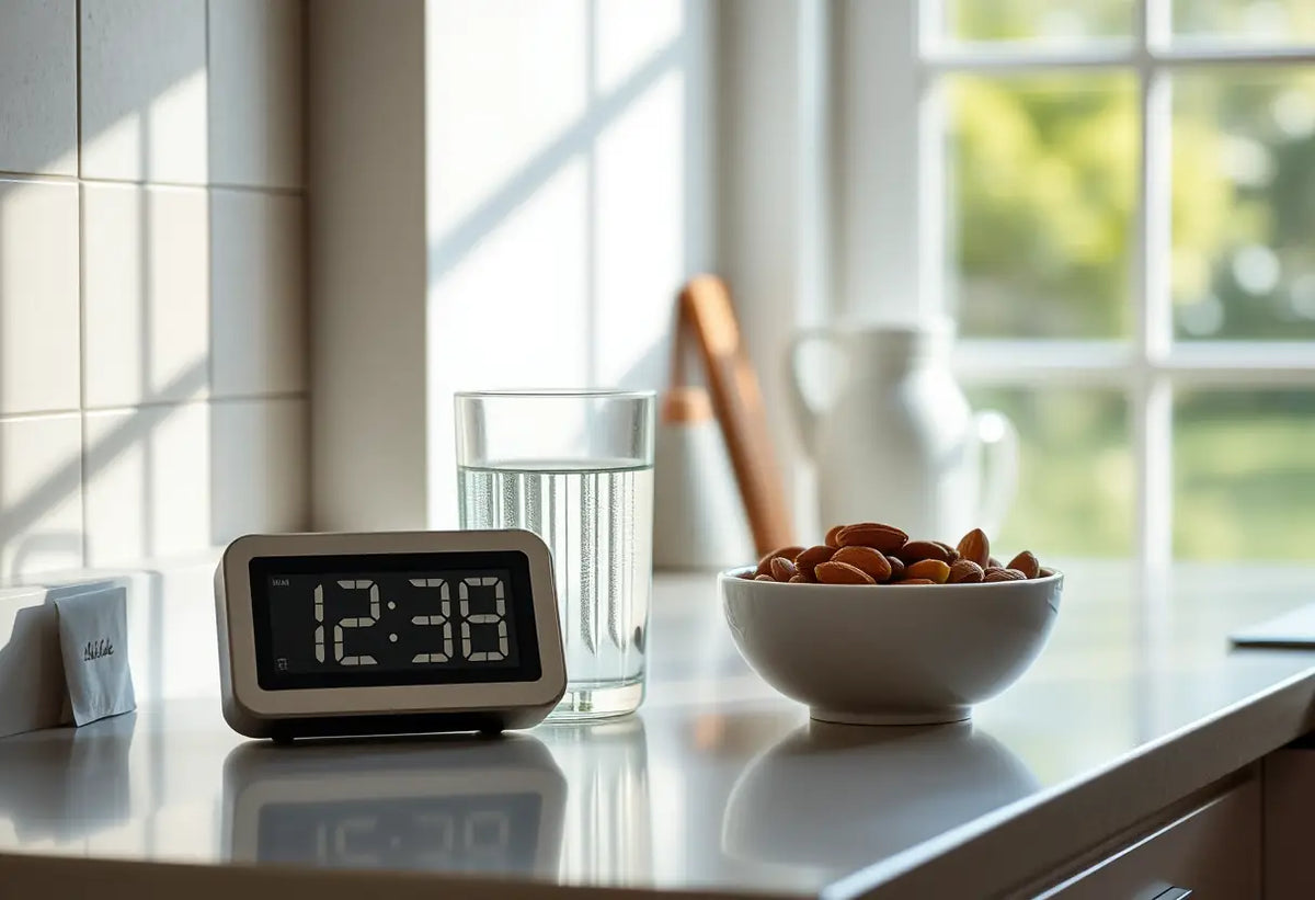 Un plan de travail de cuisine avec une horloge digitale et des amandes