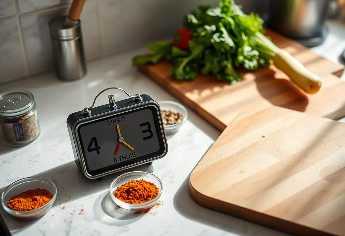 Étagère de cuisine avec épices et minuteur pour le jeûne intermittent