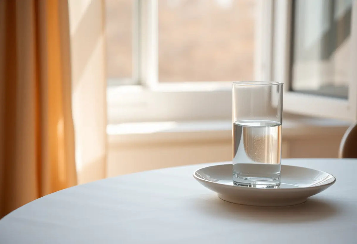 Un couvert simple avec une assiette en céramique et un verre à moitié rempli, évoquant le jeûne intermittent