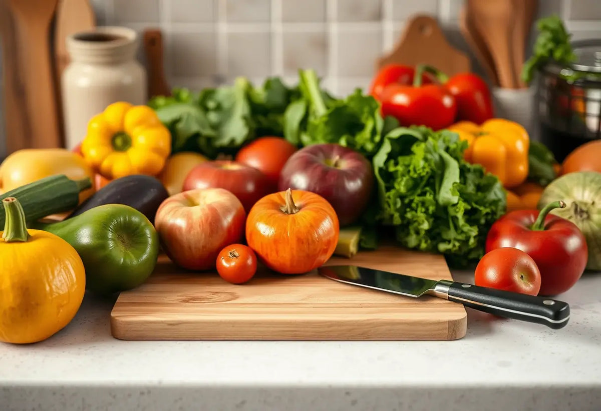 Un plan de travail avec des fruits et légumes sur un plateau usagé, boutique du plaisir
