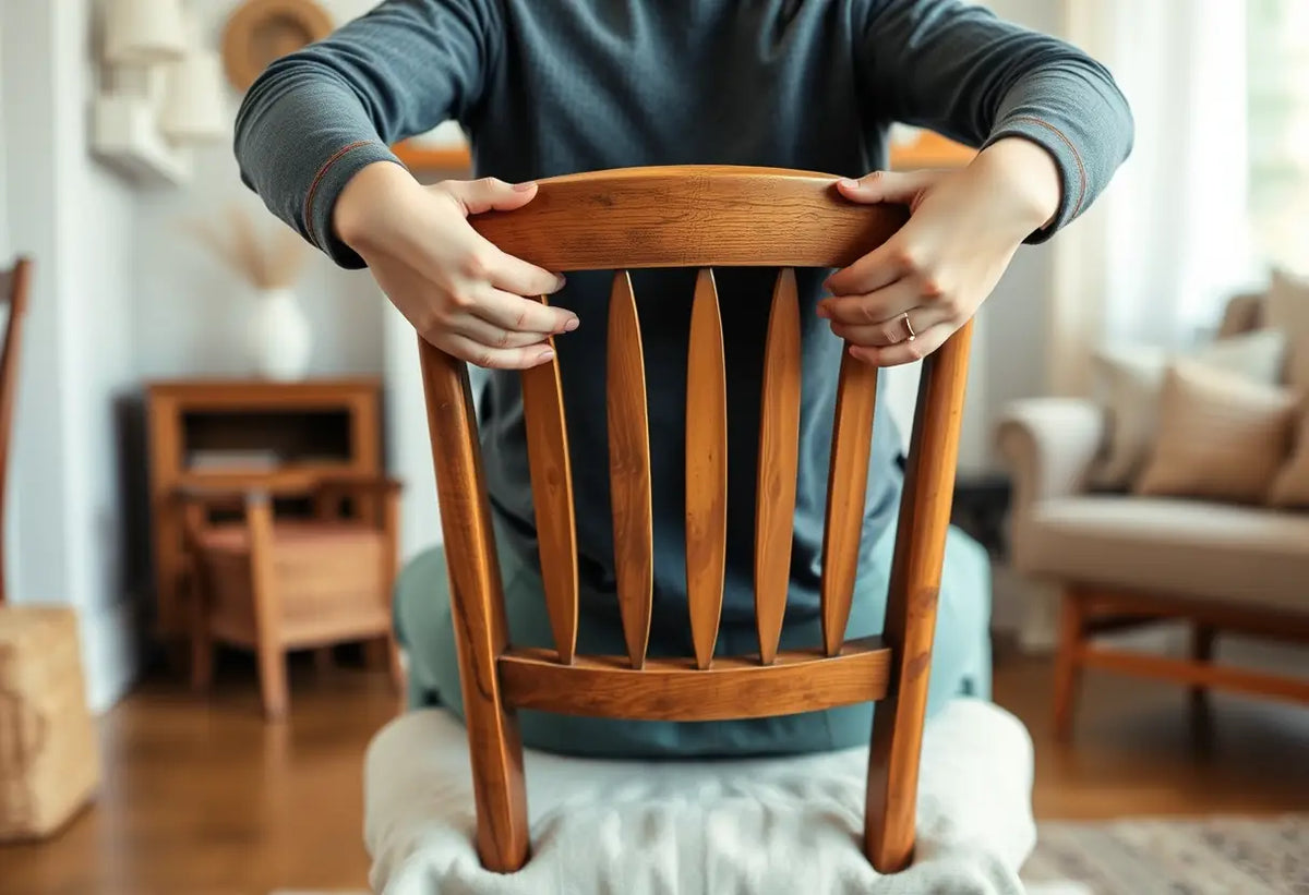 Un fauteuil rembourré dans un salon confortable, les mains posées sur le dossier